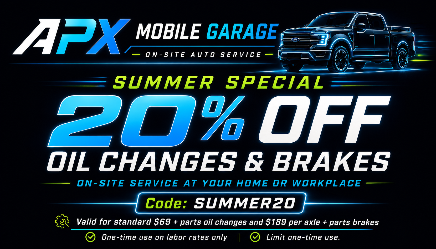 APX Mobile Garage summer special: 20% off oil changes and brakes with code SUMMER20